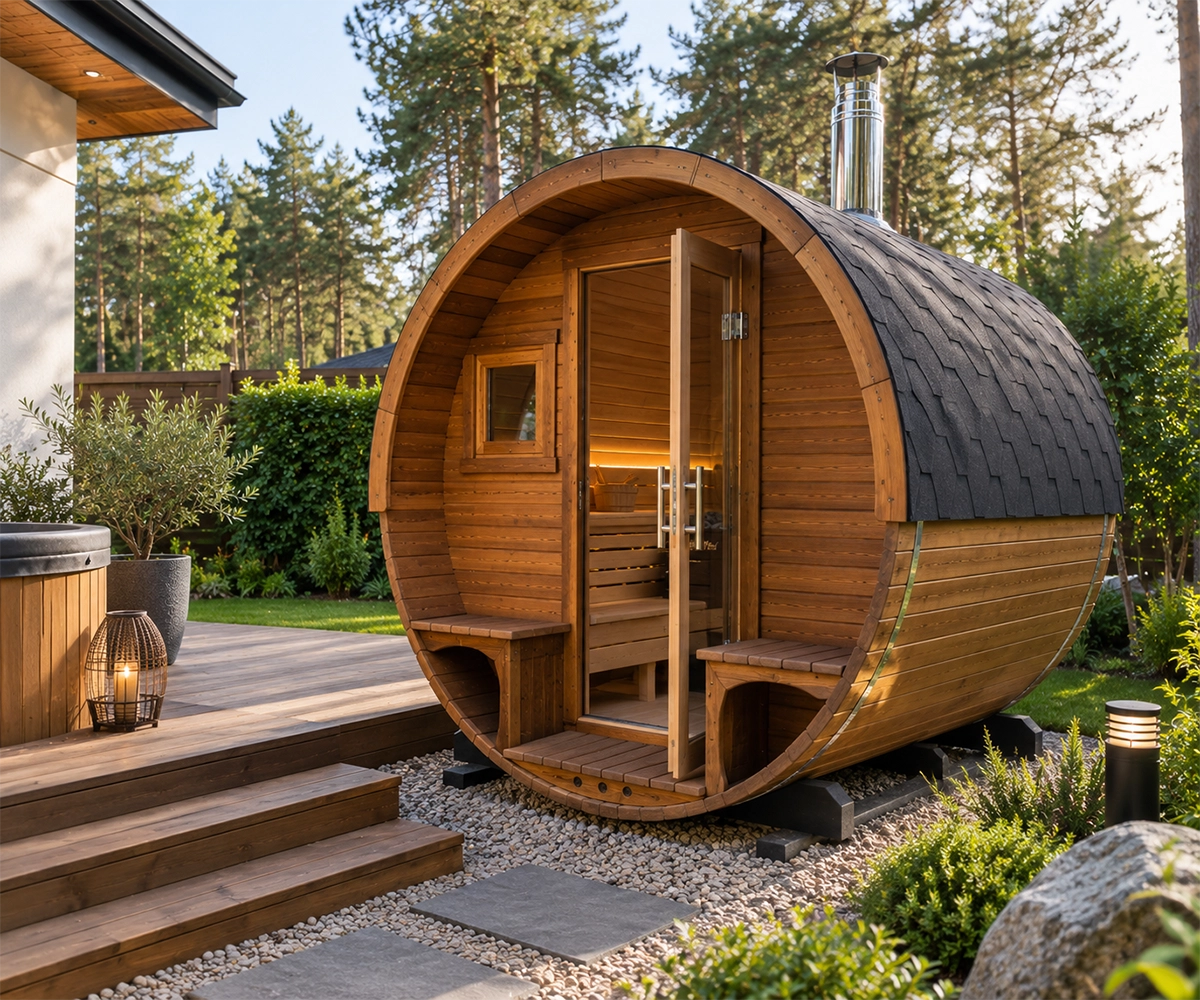 Outdoor timber barrel sauna near Grantham