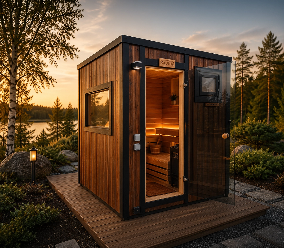 Premium barrel sauna in a garden setting